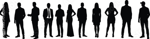 Silhouette of diverse business people, men and women standing together, office team group illustration, corporate workforce, teamwork, leadership, success, unitySilhouette of diverse 