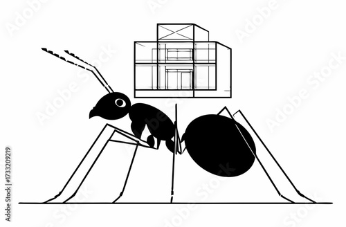 Ant carrying a house on its back, a minimalist vector illustration symbolizing strength, burden, relocation, home, and architectural concepts.