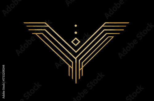 Golden geometric art deco emblem with elegant lines on a black background, sophisticated abstract design element for branding, invitations, luxury projects.