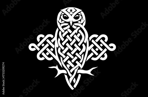White Celtic knotwork owl perched on a branch, intricate tribal design on a black background. Stylized nocturnal bird, symbolizing wisdom and mystery.
