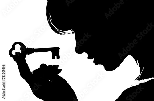 Mysterious silhouette of a person holding an antique key, symbolizing solution, opportunity, access, secret, problem-solving, discovery, potential.