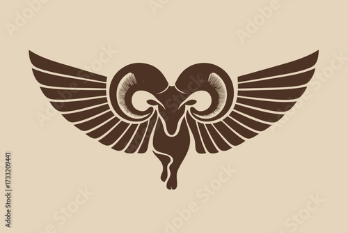 Stylized winged ram head emblem illustration, bighorn sheep with majestic horns and wings, mythical animal symbol graphic design element
