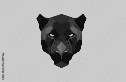 Modern Geometric Black Panther Head Vector Illustration on Solid Gray Background, Powerful Wild Cat Graphic Design, Low Poly Style