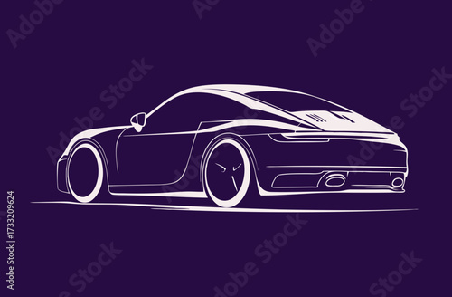 Sleek sports car vector outline illustration on dark purple background. Modern automotive design, dynamic luxury vehicle concept.