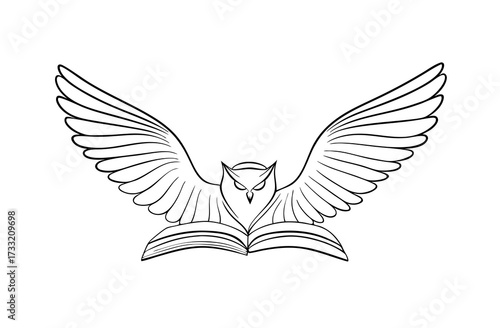 Black and white line art illustration of an owl with spread wings flying above an open book, symbolizing wisdom, knowledge, and education.