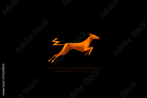 Dynamic orange geometric dog jumping with lightning tail. Stylized low-poly animal art representing speed and energy on black.