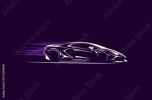 Sleek, stylized modern sports car illustration with dynamic motion blur on a dark background, representing speed, luxury, and performance