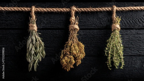 Three bunches of dried herbs, sage, thyme, and oregano, hang from a piece of rustic rope against a dark wooden background.