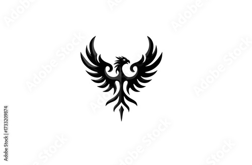 Elegant stylized black phoenix mythical bird icon. Majestic fantasy creature symbol of rebirth, power, and strength on a white background.