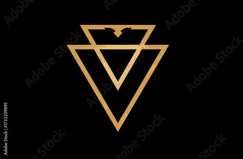 Elegant golden geometric abstract symbol with overlapping triangles and a subtle bird or crown element on a black background, minimalist emblem design