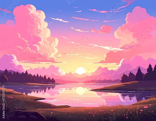 Pastel landscape sunrise over lake