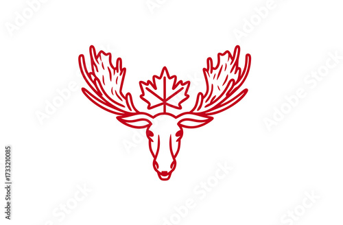 Elegant red line art illustration of a majestic moose head featuring a prominent maple leaf emblem, representing Canadian wildlife and national spirit on a white background.