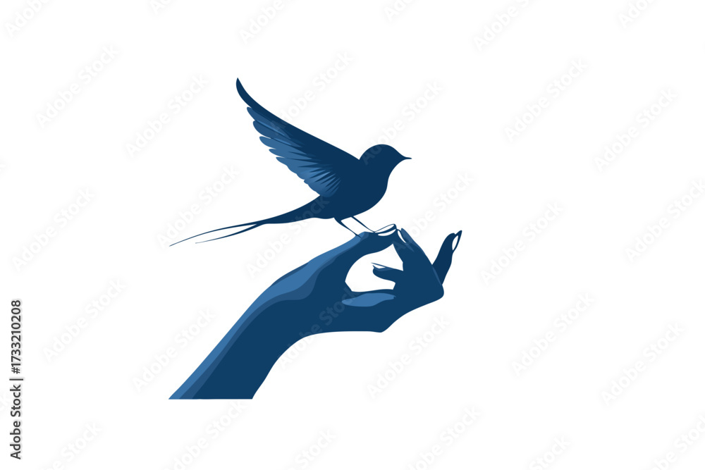 Fototapeta premium Stylized blue bird perched delicately on an open human hand, symbolizing freedom, nature, peace, and gentle care. Minimalist vector illustration.