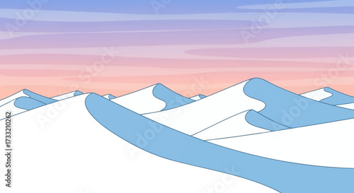 Snowy desert landscape with soft pastel sky.