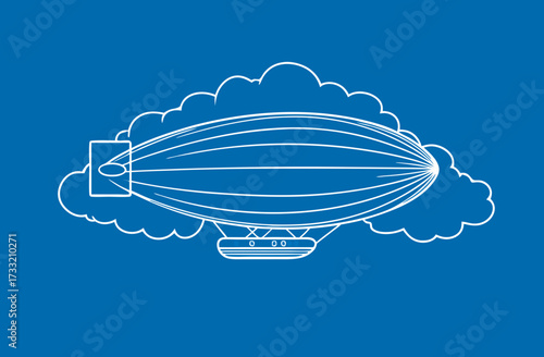 Vintage airship blimp blueprint vector illustration with clouds on blue background. Retro zeppelin engineering design graphic concept.