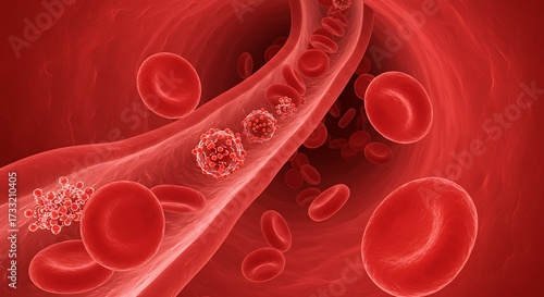 Microscopic view of red blood cells and viruses flowing through a blood vessel