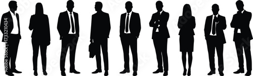 Silhouette of diverse business professionals standing together in formal attire, teamwork, leadership, office staff, corporate group, success, partnership illustration