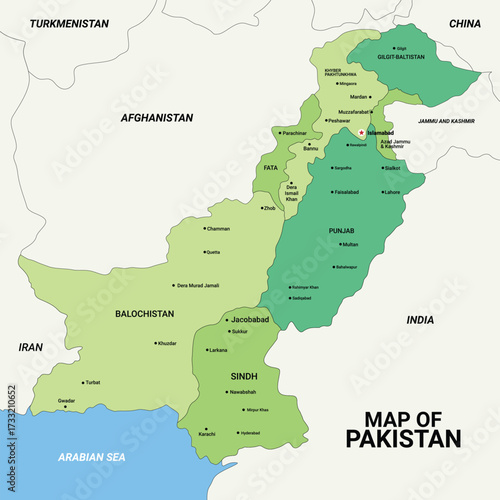 Vector map of Pakistan with provinces and major cities. South Asia political illustration for education, design, and travel resources.