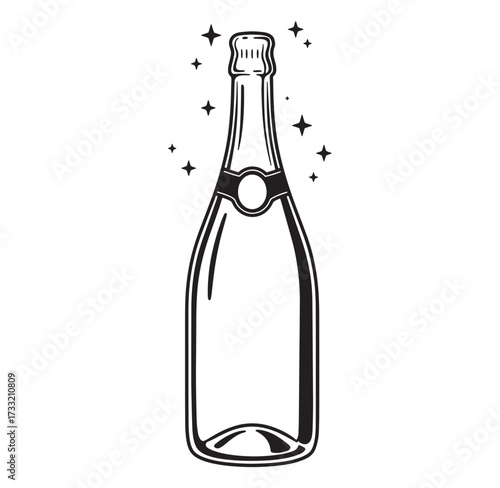 Elegant black and white champagne bottle with sparkling stars for celebration design
