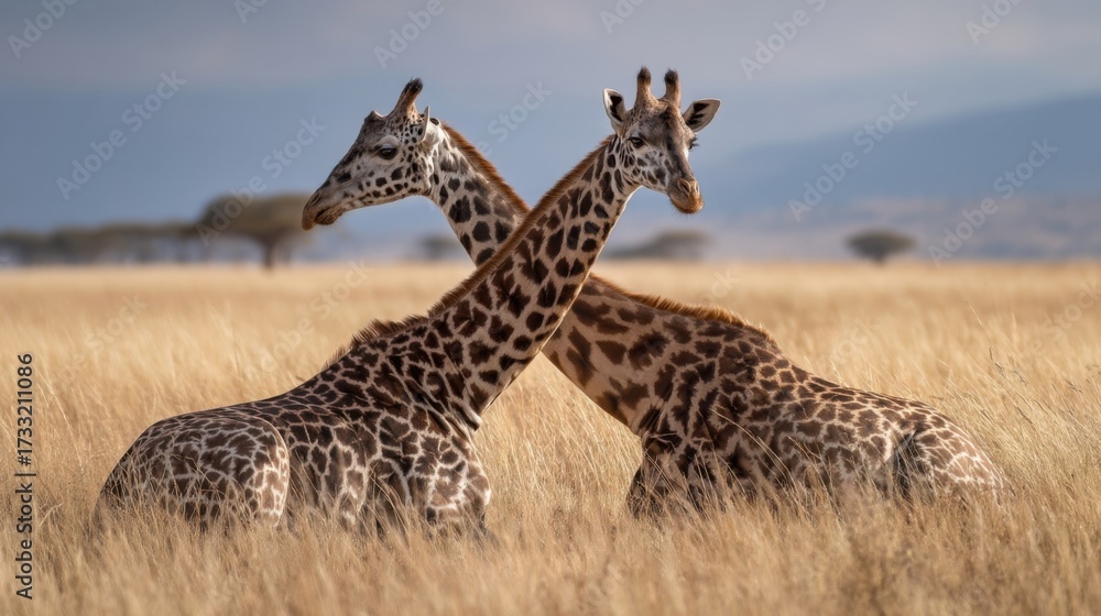 Obraz premium Two giraffes sit closely together in a dry grassy field,