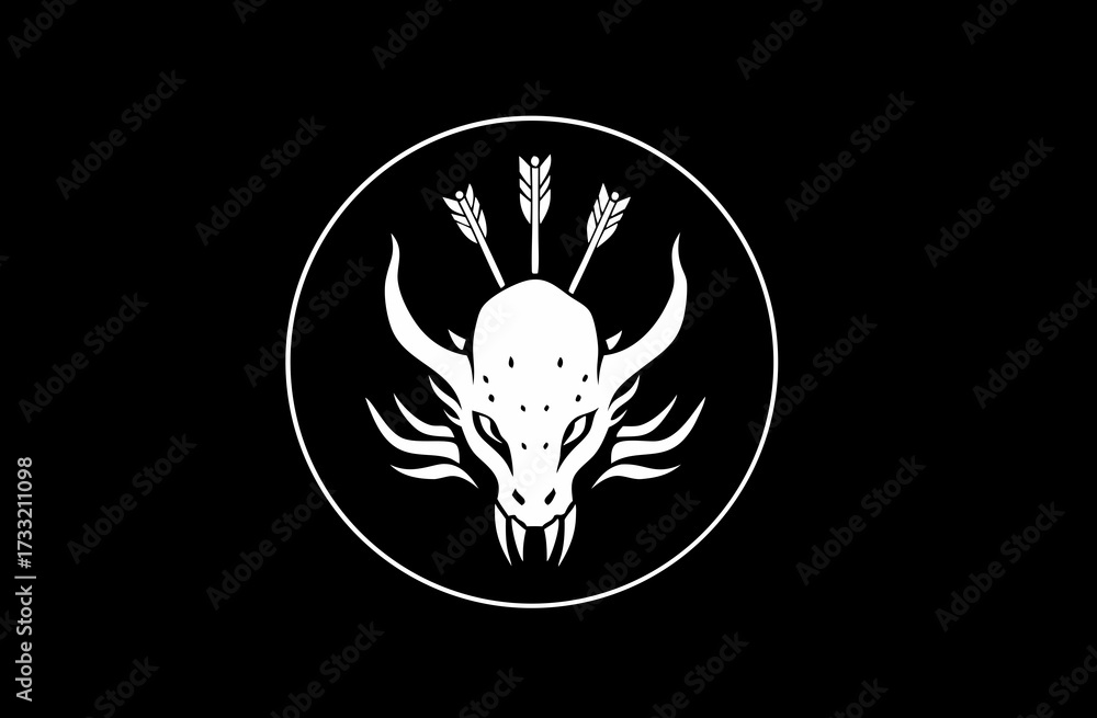 Fototapeta premium Powerful mythical dragon head emblem with piercing arrows, fantasy beast symbol on a stark black background, ancient legend concept.