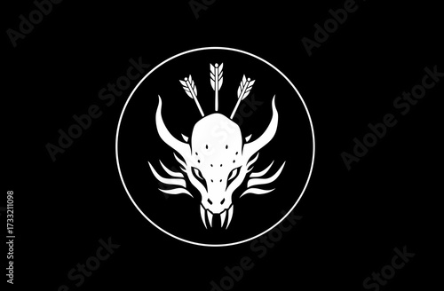 Powerful mythical dragon head emblem with piercing arrows, fantasy beast symbol on a stark black background, ancient legend concept.