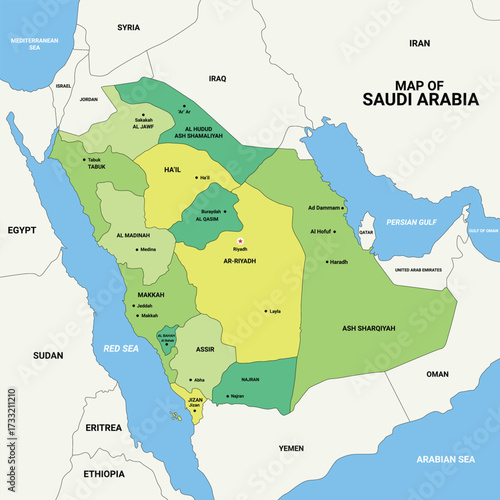 Vector map of Saudi Arabia with regions and cities. Middle East country illustration for education, travel, and design projects.