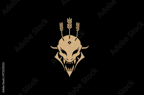 Stylized demonic skull mask emblem with wheat stalks and horns on a black background, a fierce mystical fantasy icon design.