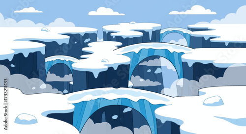 Snowy landscape with ice bridges and frozen cliffs.