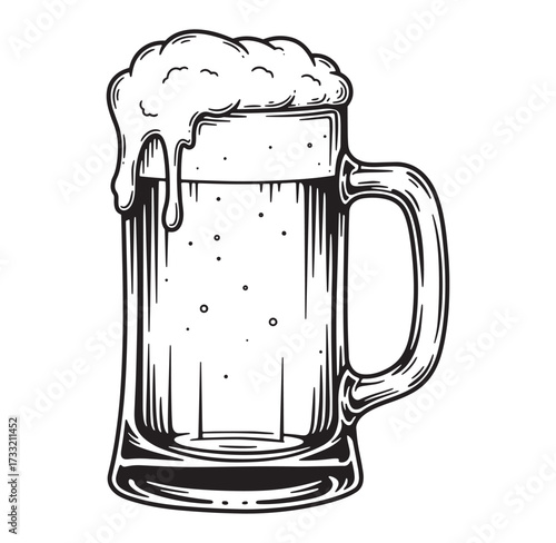 Hand drawn illustration of a large beer mug filled with overflowing foamy beer in black and white