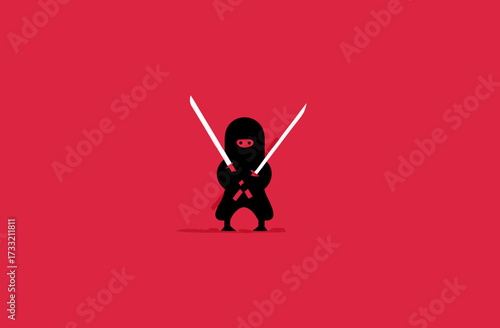 Cute cartoon ninja warrior character with two sharp swords standing on a vibrant red background, minimalist vector illustration.