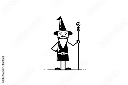 Simple black and white line art illustration of a fantasy wizard character with a pointy hat and magical staff