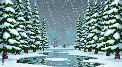 Snowy Forest with Frozen Pond.