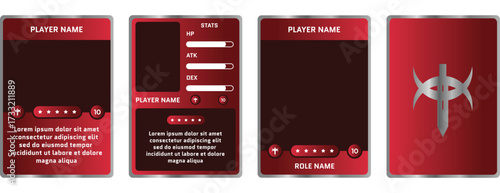Modern game UI player profile card template. Futuristic red design with stat bars, star rating, and placeholders. Ideal for RPG, fantasy games, and mobile apps