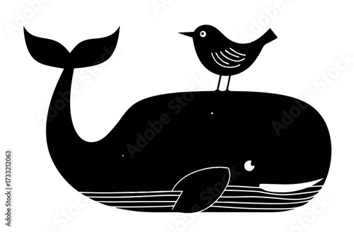 Minimalist black and white illustration of a majestic whale and a tiny bird perched on its back, a symbol of unlikely friendship.