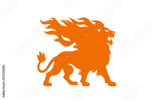 Stylized orange lion with flowing fiery mane and open mouth roaring, powerful animal symbol vector illustration