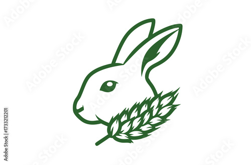 Green line art rabbit head illustration with wheat symbol. Nature, organic, animal welfare, and vegan concept design.