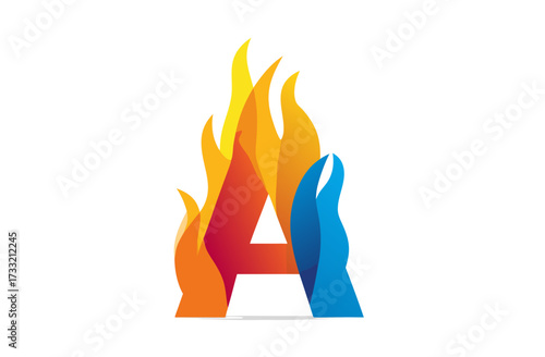 Dynamic Letter A icon with vibrant fire flames and cool water splashes, representing elemental contrast, hot and cold