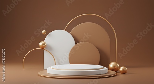 Minimalist 3D scene with white and brown geometric shapes and gold accents