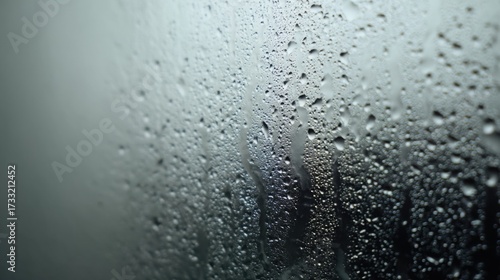 Close-up of raindrops on a glass surface, varying in size from tiny beads to clusters,