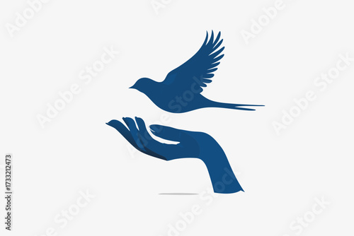 Stylized blue bird taking flight from an open human hand, symbolizing freedom, peace, hope, and release.