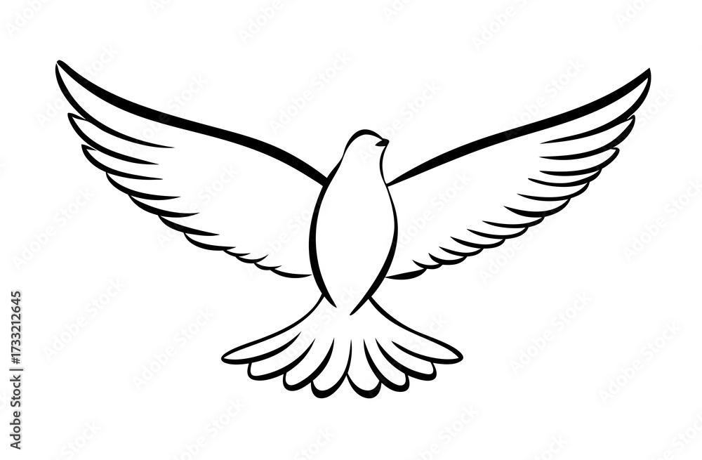 Obraz premium Elegant flying dove line art drawing, a symbol of peace, freedom, and hope. Simple black and white bird illustration with spread wings.