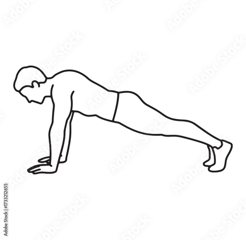 Line drawing depicting a man performing a plank exercise for fitness and strength