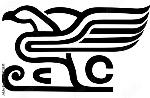 Black and white stylized flying creature illustration, abstract winged fantasy bird symbol, elegant graphic design element