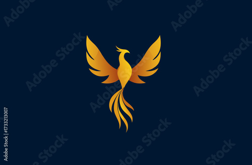 Elegant golden phoenix bird icon, a powerful symbol of rebirth, renewal, strength, and triumph on a deep blue background