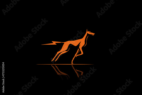 Dynamic orange running dog silhouette with lightning tail on black background, symbolizing speed, energy, and rapid movement. Modern graphic design.