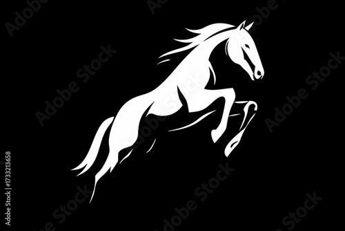 Majestic White Horse Jumping Silhouette Illustration on Black Background. Dynamic Equine Design Element for Strength and Freedom.