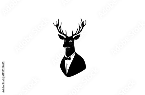 Stylish deer head silhouette with antlers wearing a classic tuxedo and bow tie. Elegant black and white animal portrait for sophisticated design.