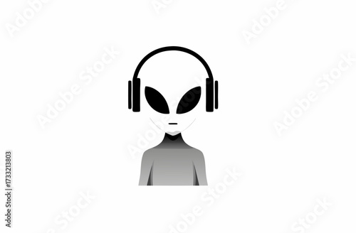 Grayscale alien head wearing headphones, listening to music. Extraterrestrial character in science fiction concept.