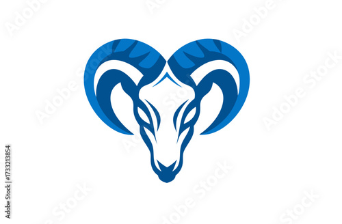 Stylized Blue and White Ram Head Illustration. Strong Animal Mascot or Symbol of Power, Strength, and Determination. Vector Art.